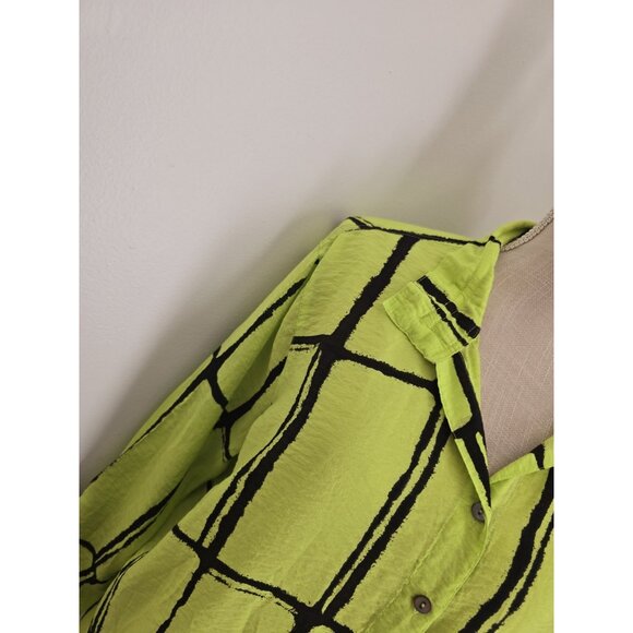 John Mark Abstract Neon Green Black Collared Roll Tab Tunic Blouse Top Shirt XL - Picture 10 of 12